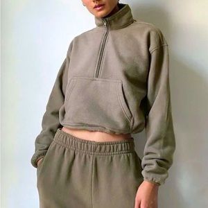 TNA Tan/Grey Polar Fleece Cropped Half-Zip with Pocket